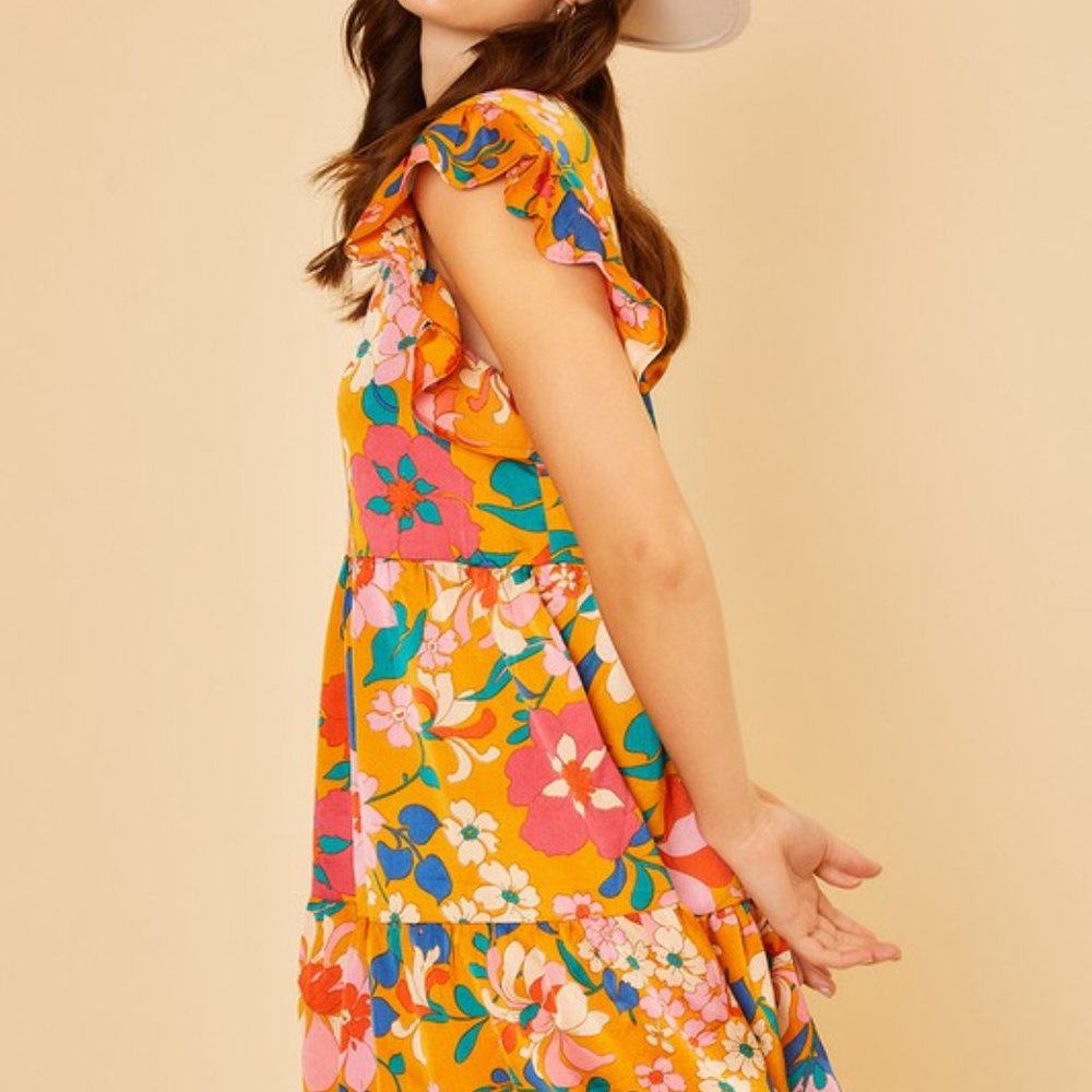 Orange Floral Print Tiered Dress - Picture 2 of 4